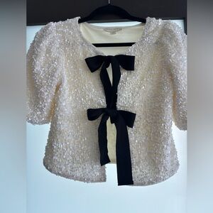 Cream Sequin Short-Sleeve Top with Black Bow Ties